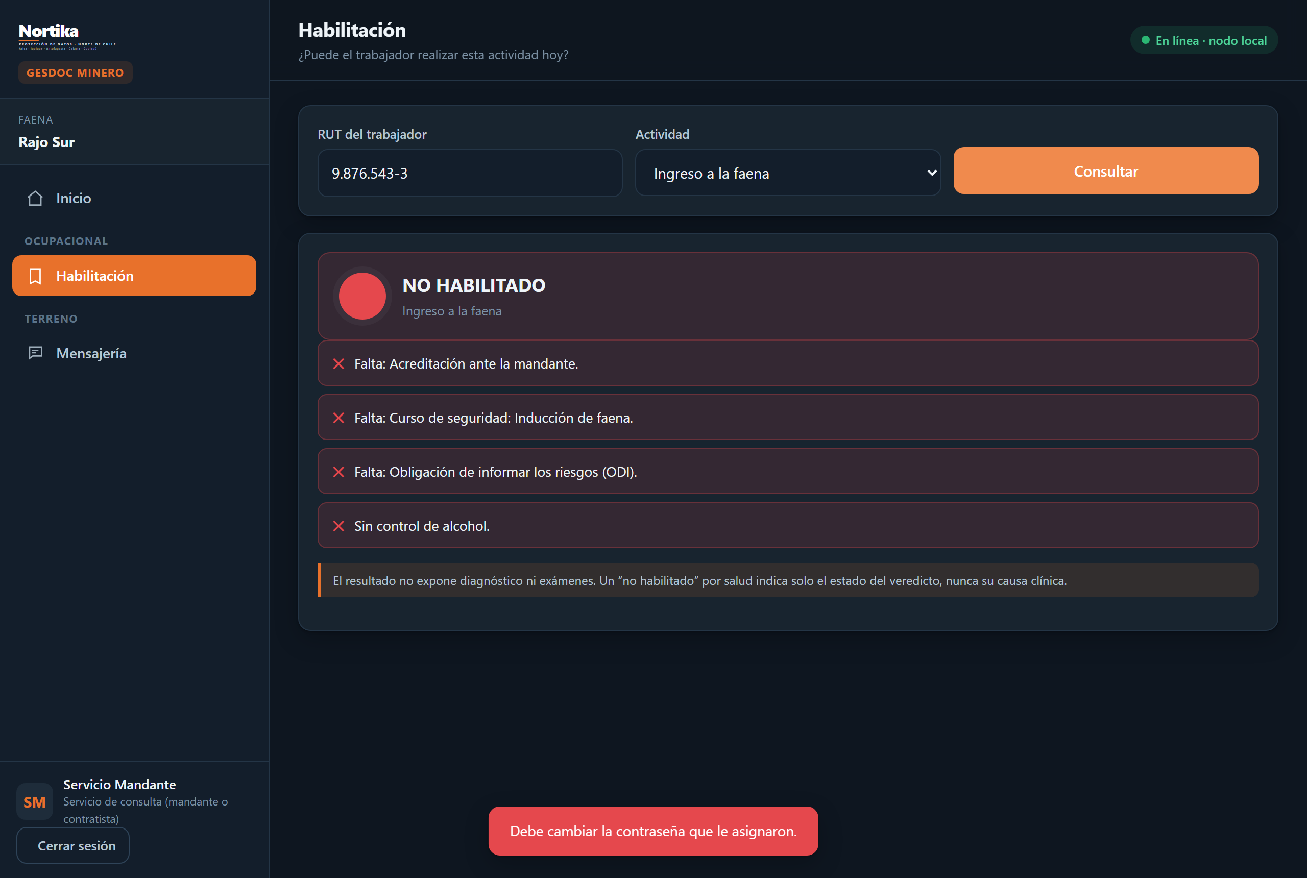 Vista de la empresa mandante, con el semáforo de habilitación